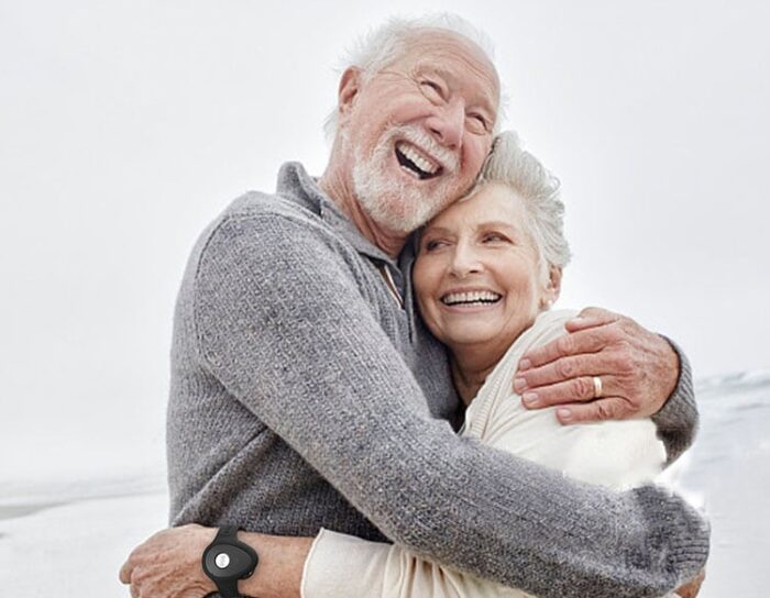 Couple with emergency bracelets for seniors