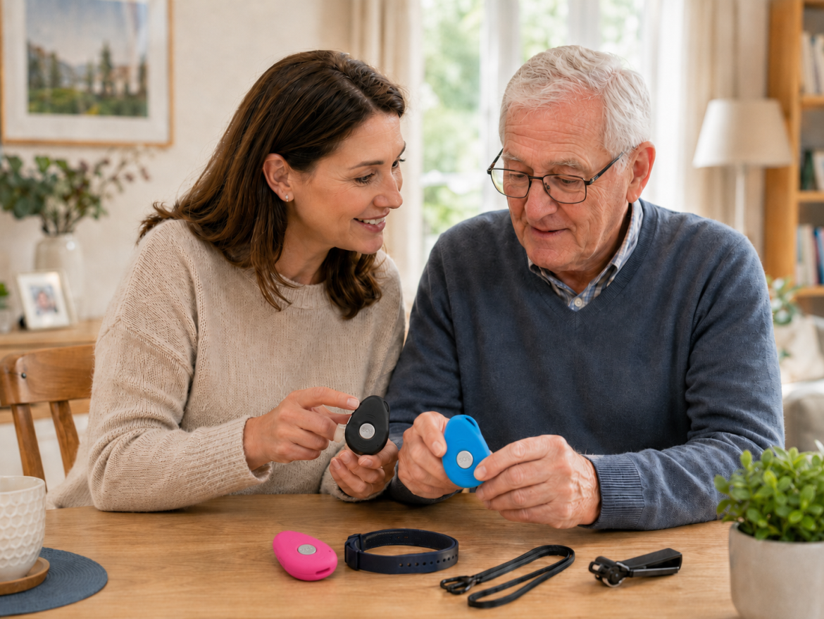 Daughter helps an older man compare personal alarm pendants and a smartwatch at home