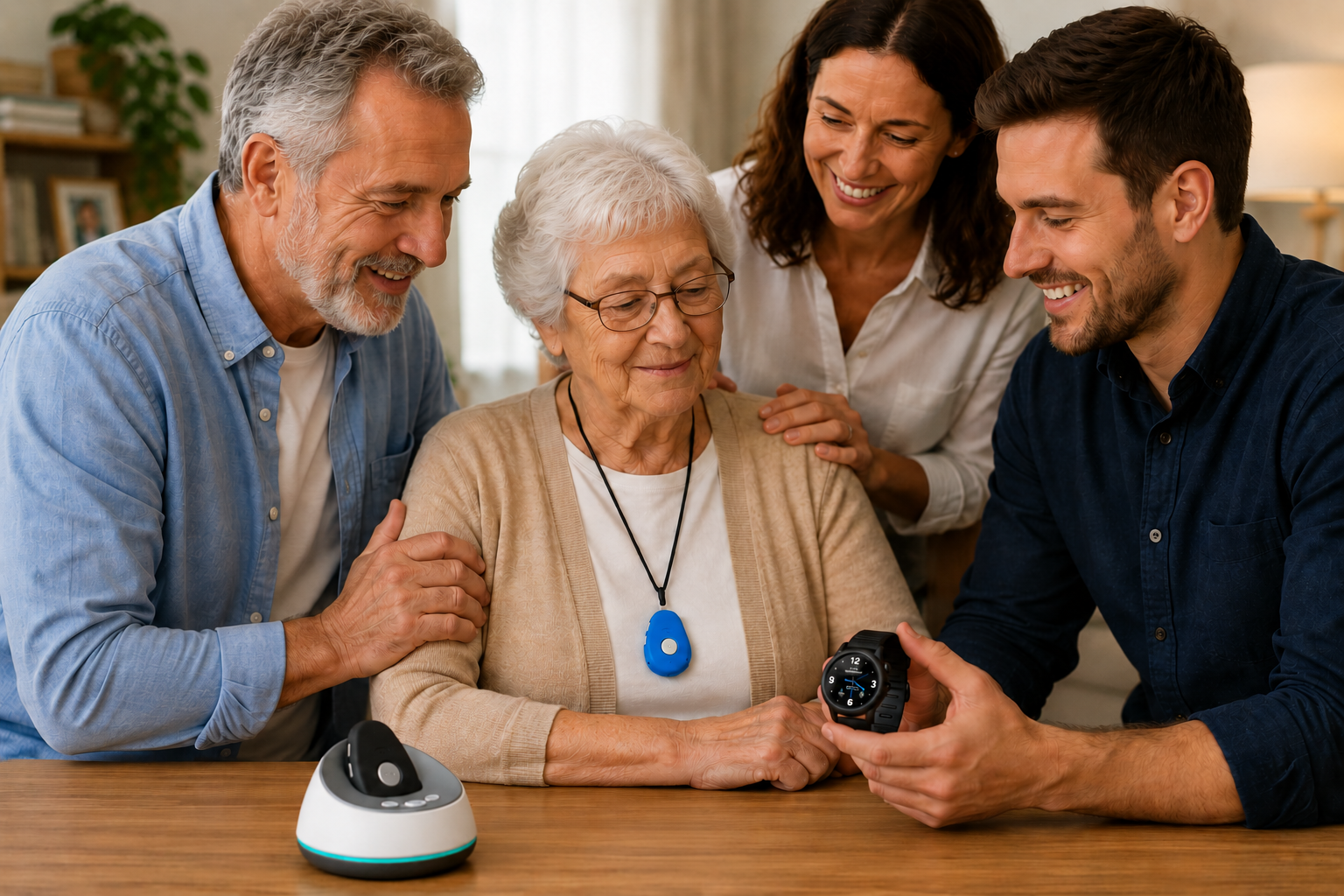 Family helps an older woman compare a personal alarm pendant, smartwatch and home base unit