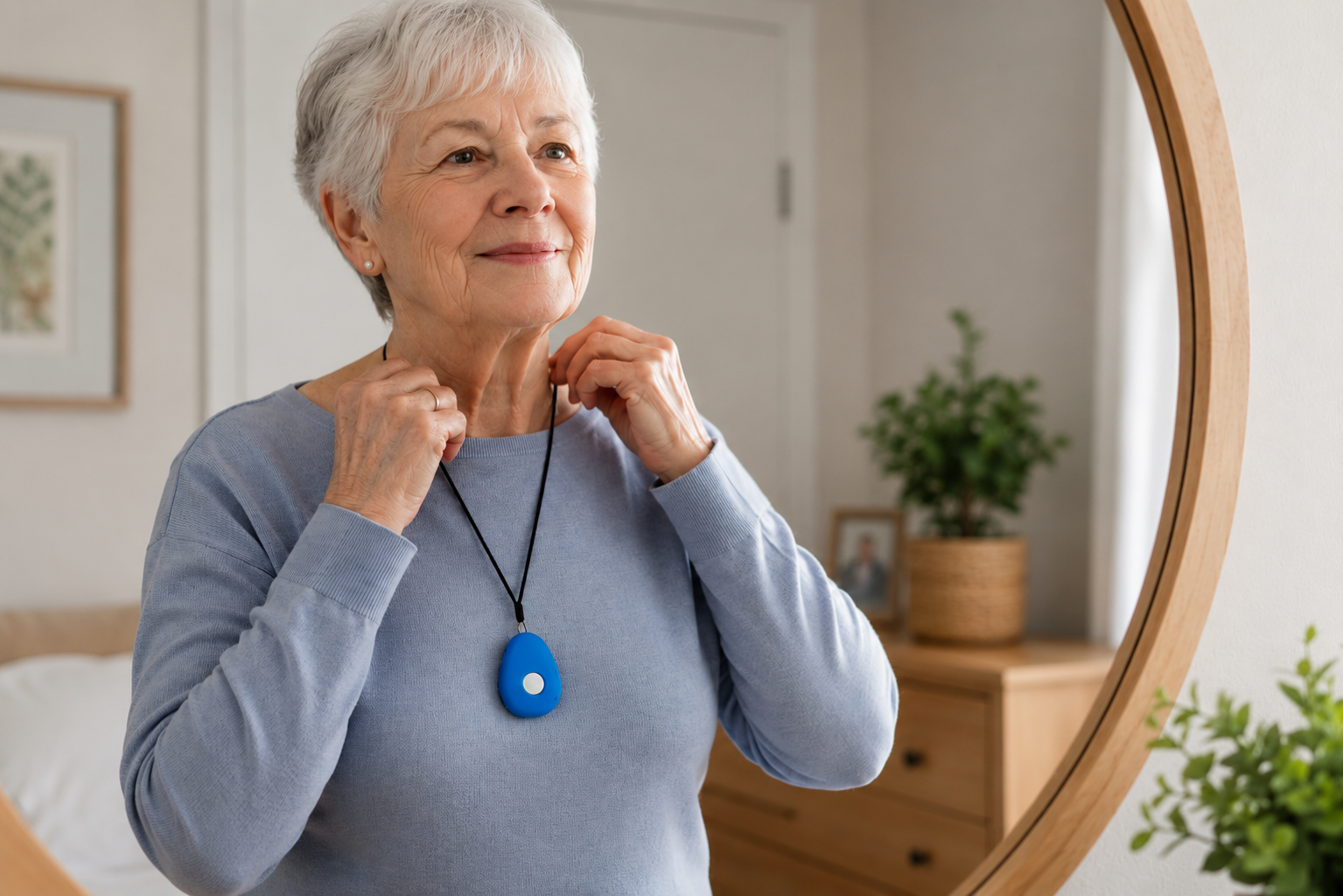 Older woman wearing a blue personal alarm pendant as part of her daily routine