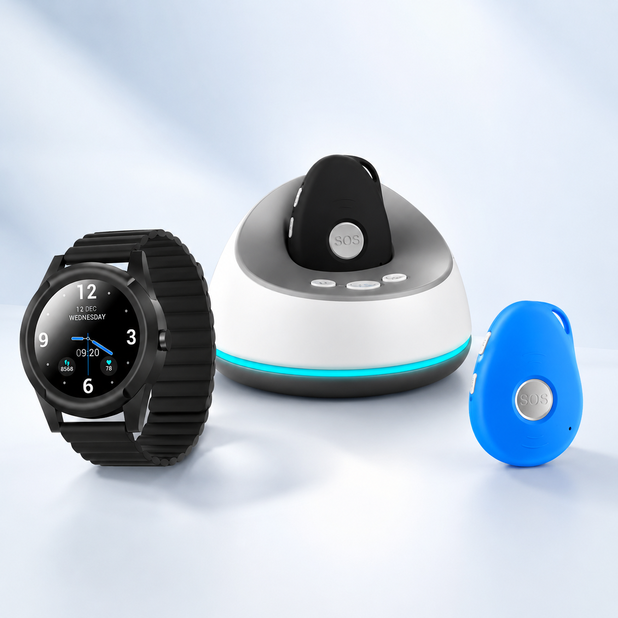 Older woman wearing a blue personal alarm pendant as part of her daily routine